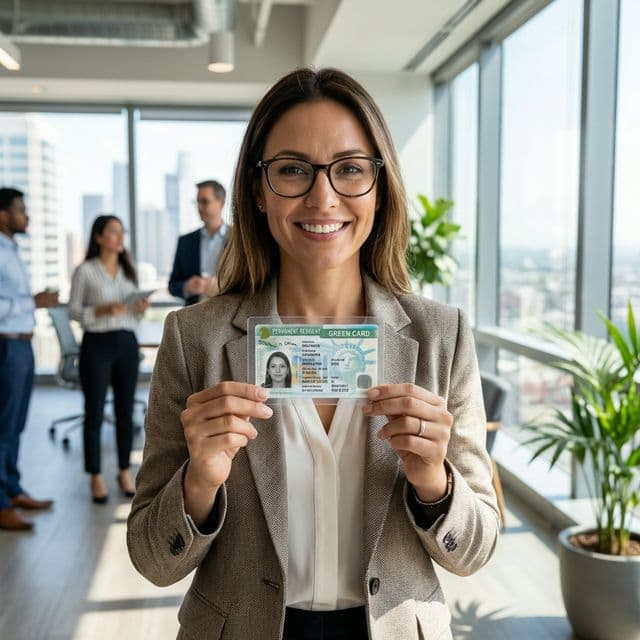 Professional proudly displaying newly approved US Green Card.