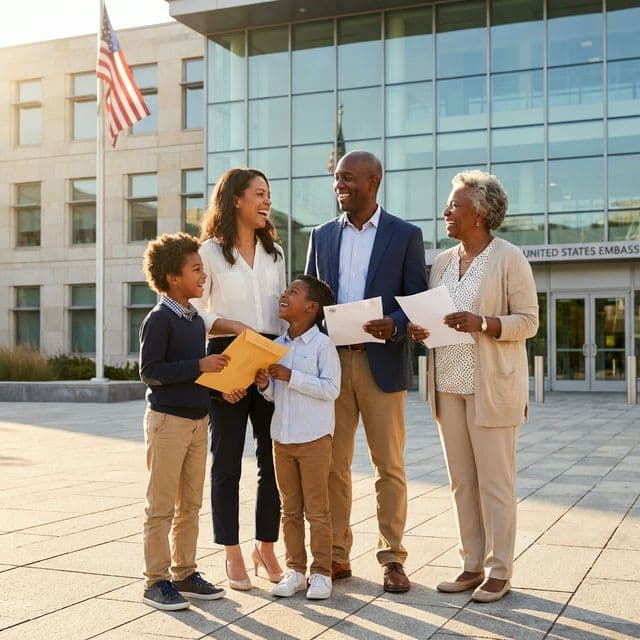 Family celebrating successful US Visa application outside embassy